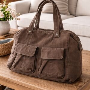 Thirty-One Brown Canvas Utility Shoulder Bag Cotton Linen Cargo Pockets Satchel